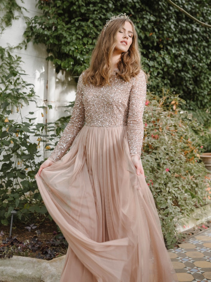 Maya Taupe Blush Embellished Long Sleeve Maxi Dress