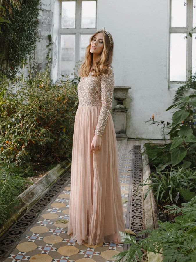 Maya Taupe Blush Embellished Long Sleeve Maxi Dress
