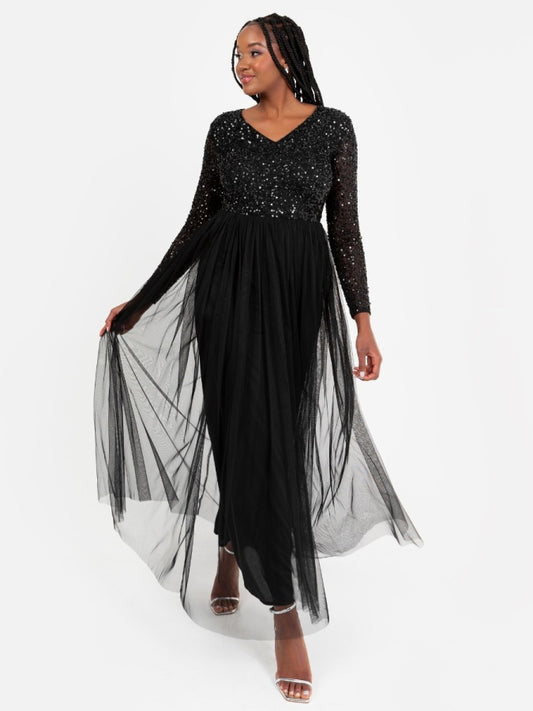 Maya Black V Neck Embellished Long Sleeve Maxi Dress