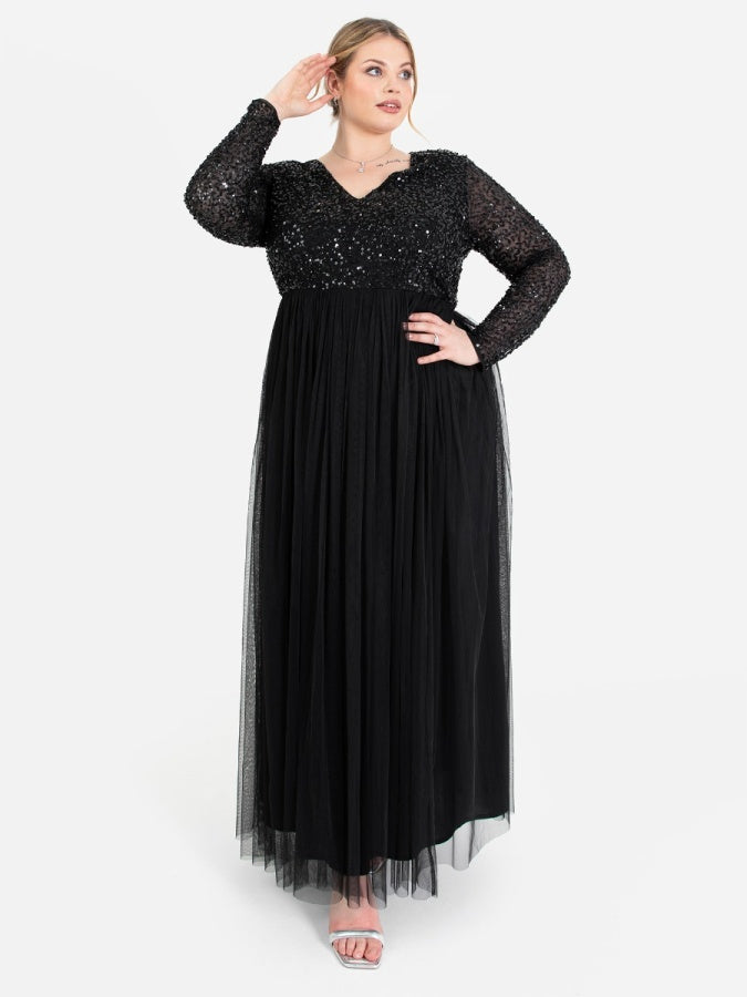 Maya Black V Neck Embellished Long Sleeve Maxi Dress