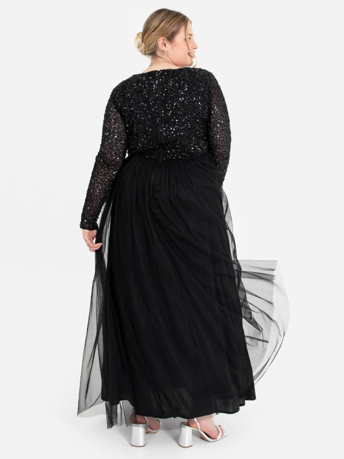 Maya Black V Neck Embellished Long Sleeve Maxi Dress