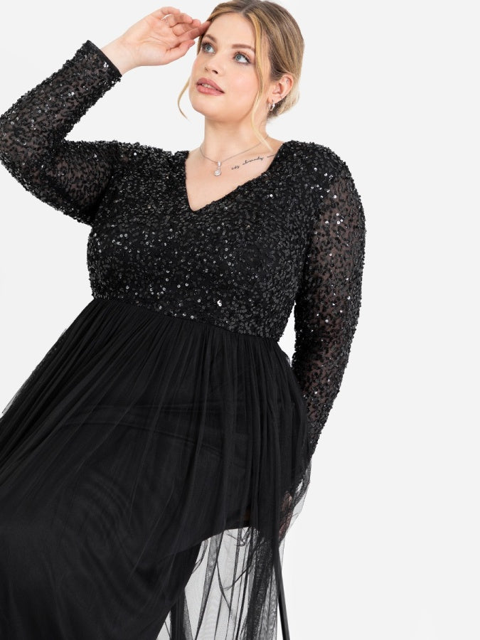 Maya Black V Neck Embellished Long Sleeve Maxi Dress