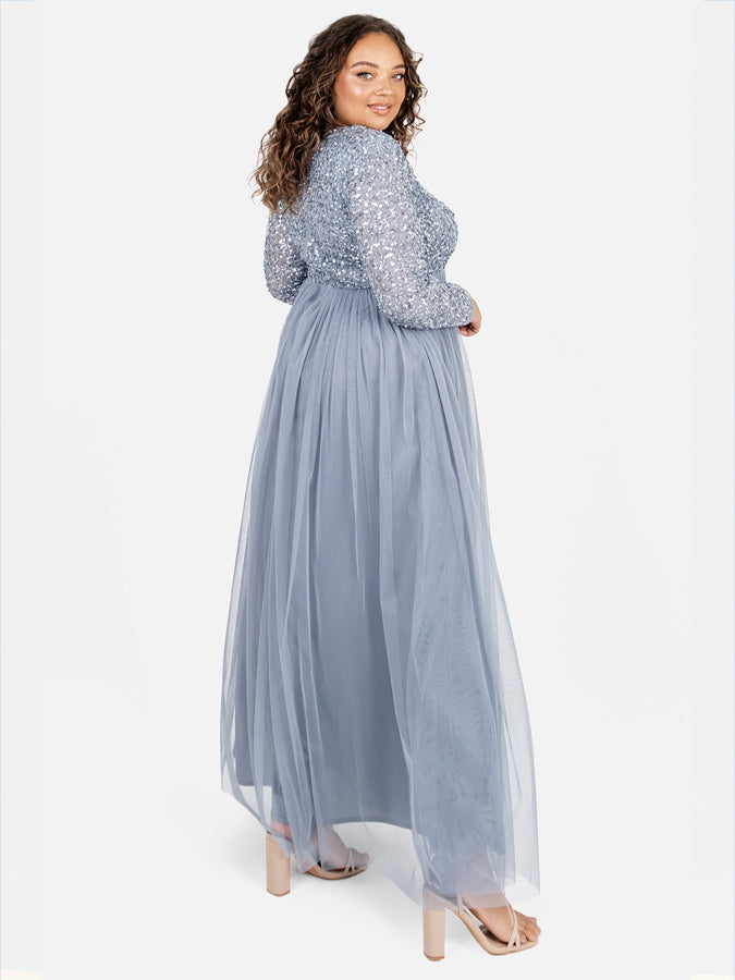 Maya Dusty Blue V Neck Embellished Long Sleeve Maxi Dress