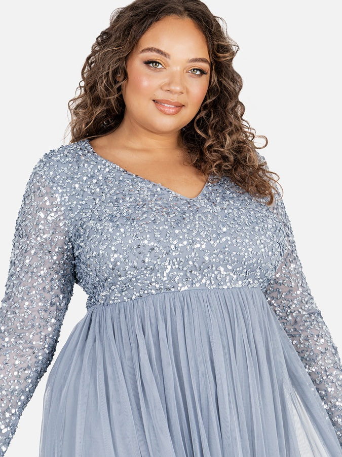 Maya Dusty Blue V Neck Embellished Long Sleeve Maxi Dress