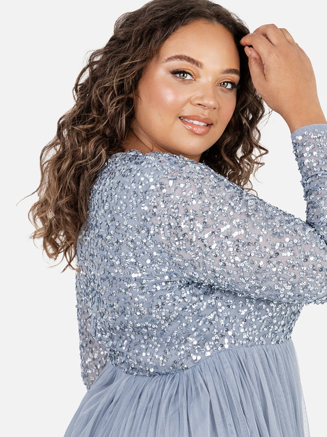 Maya Dusty Blue V Neck Embellished Long Sleeve Maxi Dress