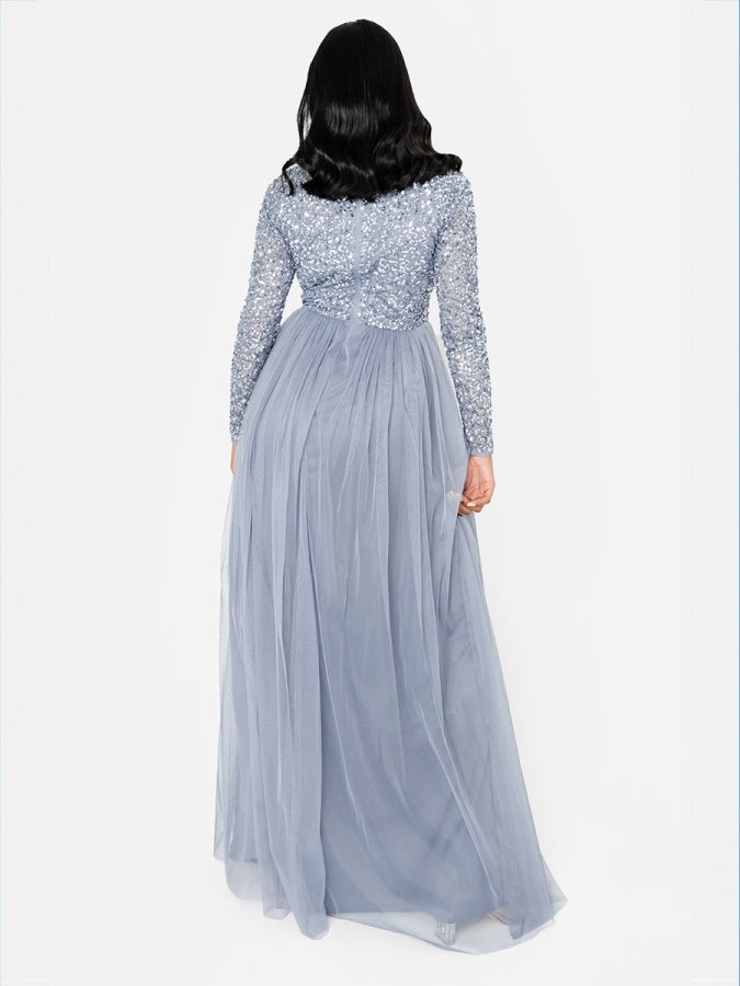 Maya Dusty Blue V Neck Embellished Long Sleeve Maxi Dress