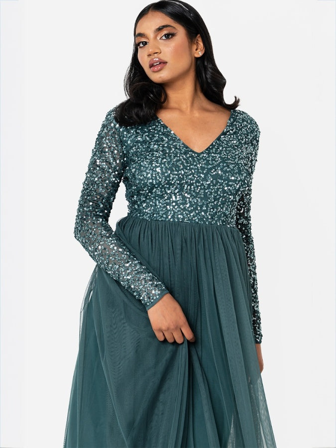 Maya Emerald Green V Neck Embellished Long Sleeve Maxi Dress