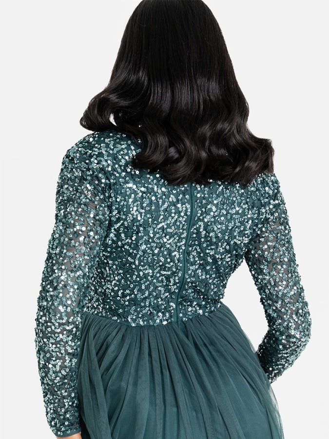 Maya Emerald Green V Neck Embellished Long Sleeve Maxi Dress