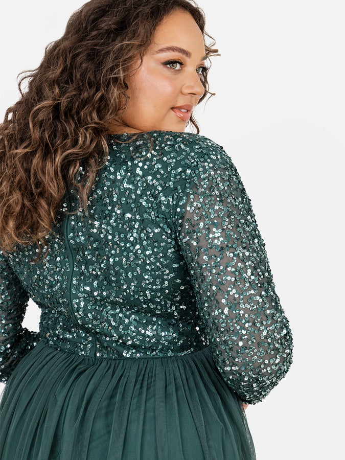 Maya Emerald Green V Neck Embellished Long Sleeve Maxi Dress