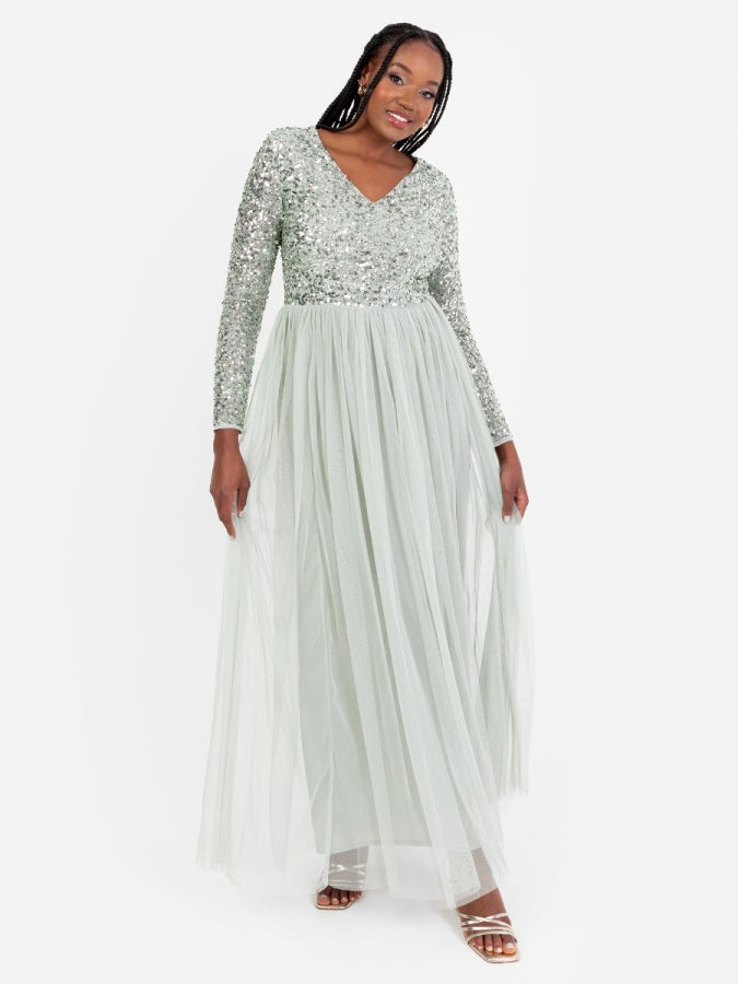 Maya Sage Green V Neck Embellished Long Sleeve Maxi Dress