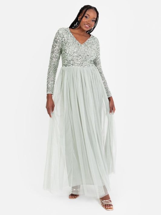 Maya Sage Green V Neck Embellished Long Sleeve Maxi Dress