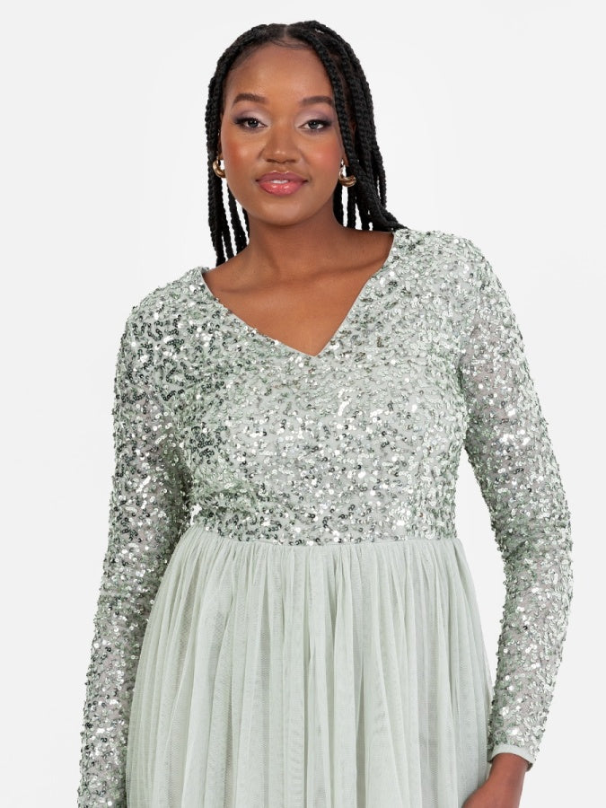 Maya Sage Green V Neck Embellished Long Sleeve Maxi Dress