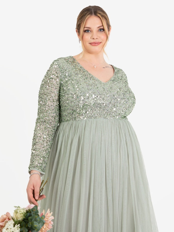 Maya Sage Green V Neck Embellished Long Sleeve Maxi Dress