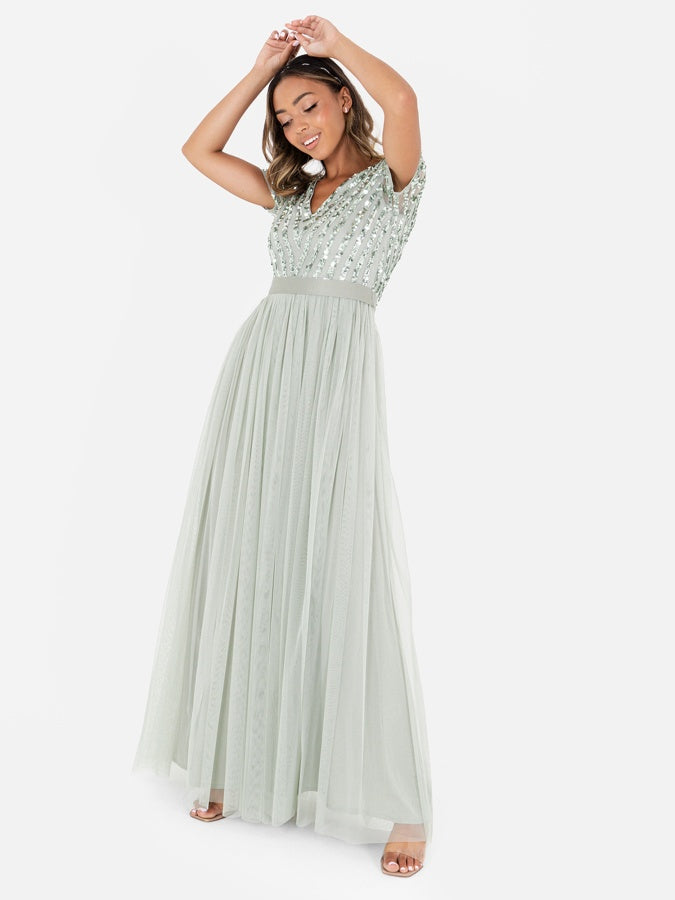 Maya Sage Green Stripe Embellished Maxi Dress With Sash Belt
