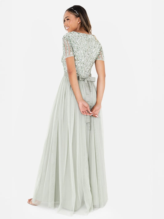 Maya Sage Green Stripe Embellished Maxi Dress With Sash Belt