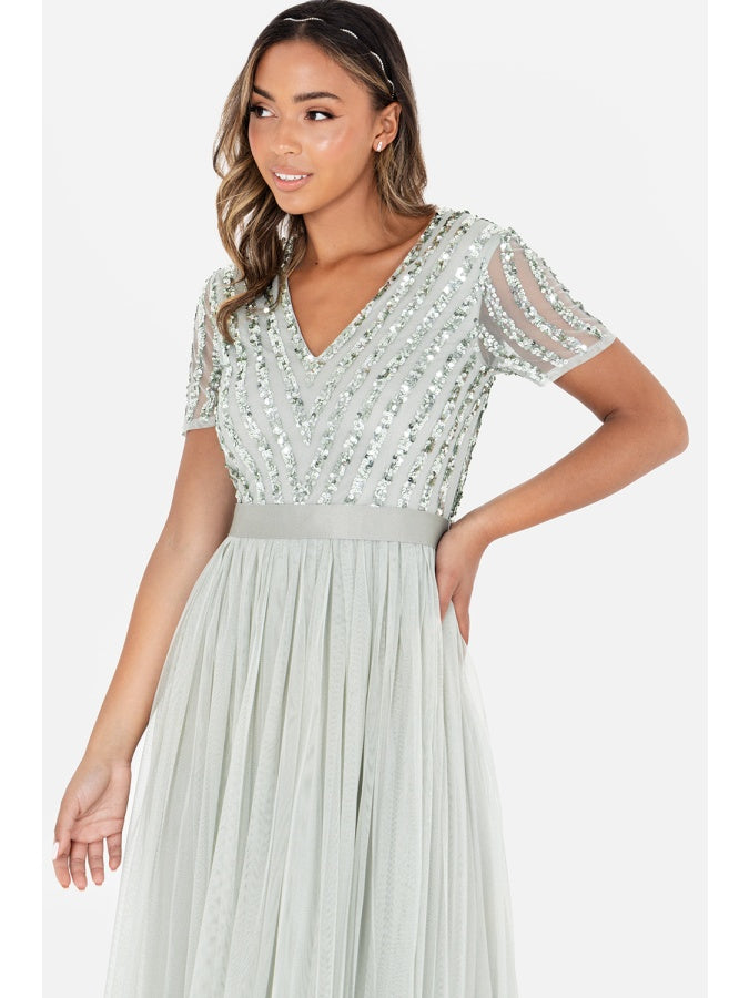 Maya Sage Green Stripe Embellished Maxi Dress With Sash Belt