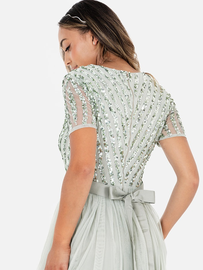 Maya Sage Green Stripe Embellished Maxi Dress With Sash Belt