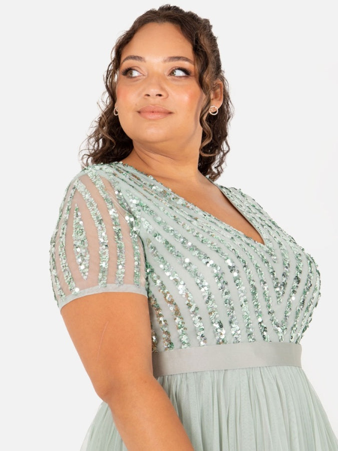 Maya Sage Green Stripe Embellished Maxi Dress With Sash Belt