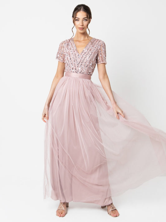 Maya Frosted Pink Stripe Embellished Maxi Dress With Sash Belt