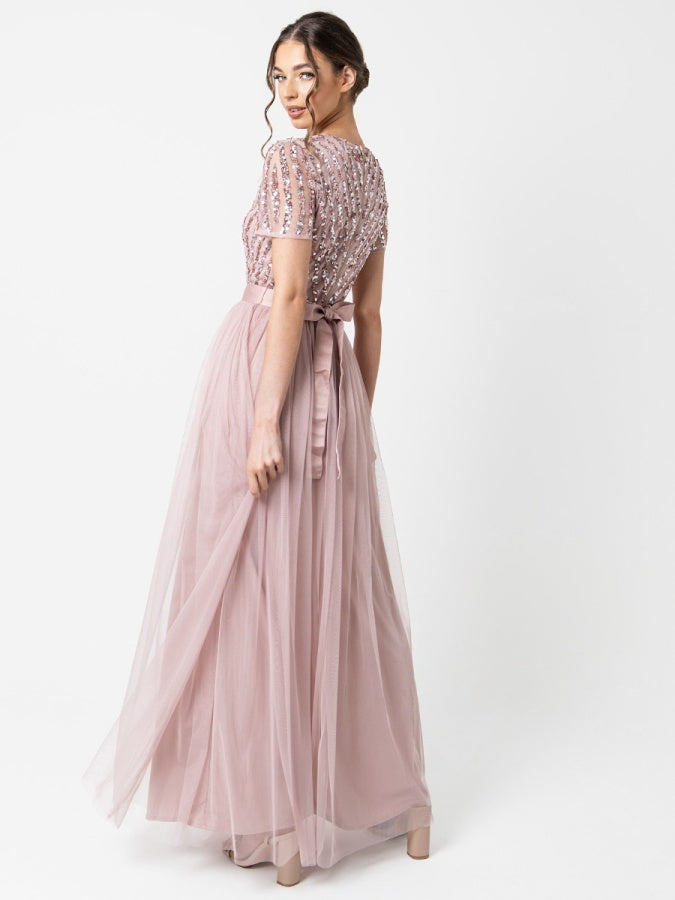 Maya Frosted Pink Stripe Embellished Maxi Dress With Sash Belt