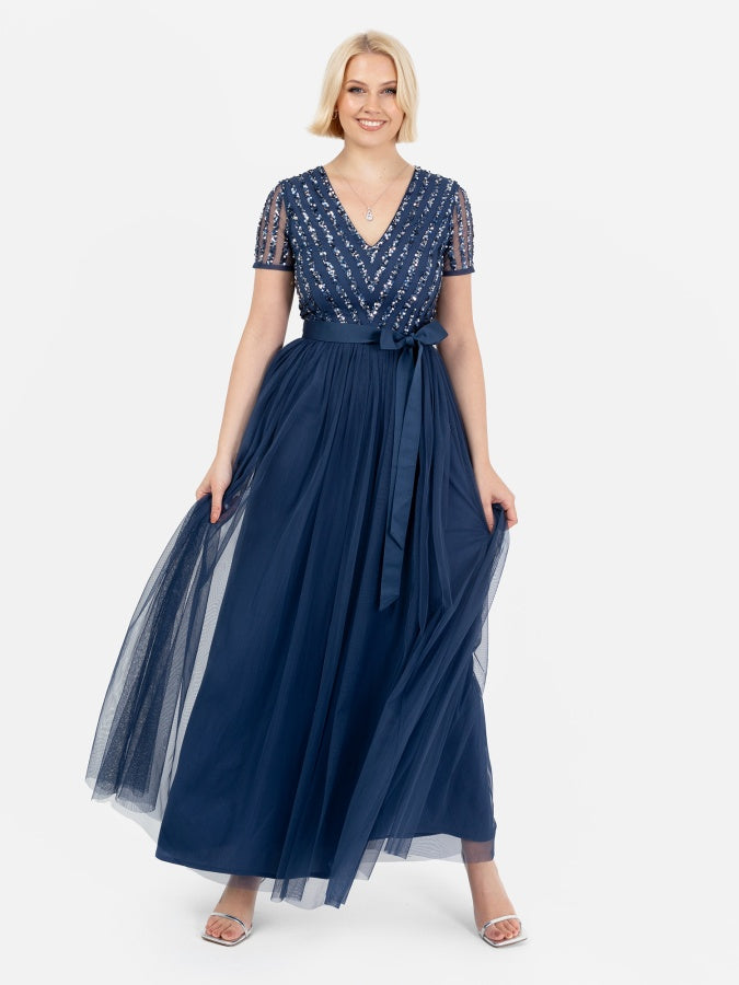 Maya French Navy Stripe Embellished Maxi Dress With Sash Belt