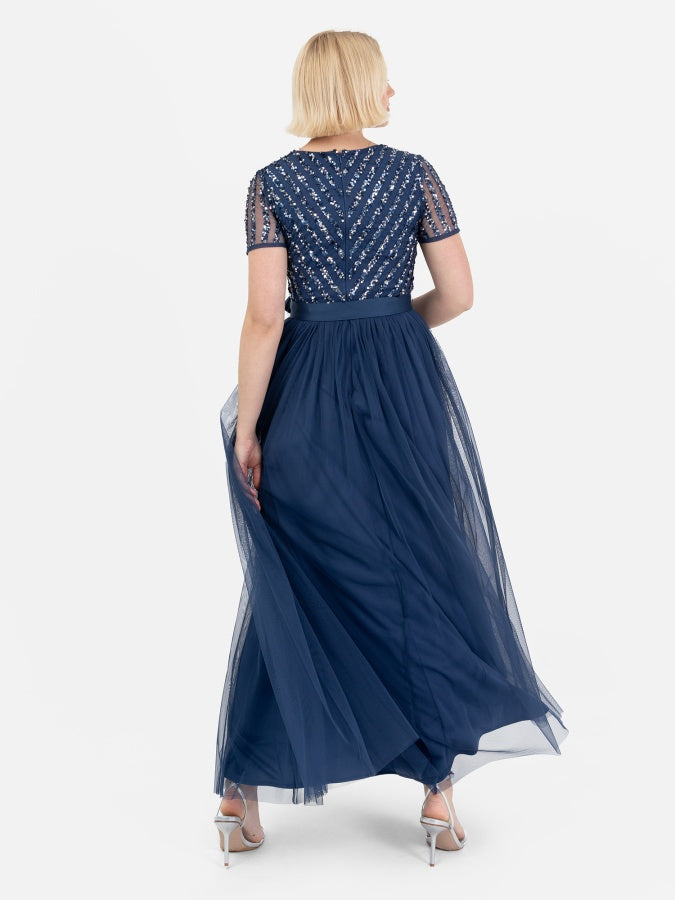 Maya French Navy Stripe Embellished Maxi Dress With Sash Belt