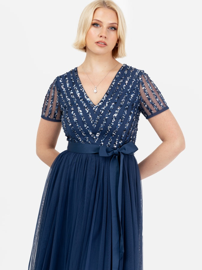 Maya French Navy Stripe Embellished Maxi Dress With Sash Belt