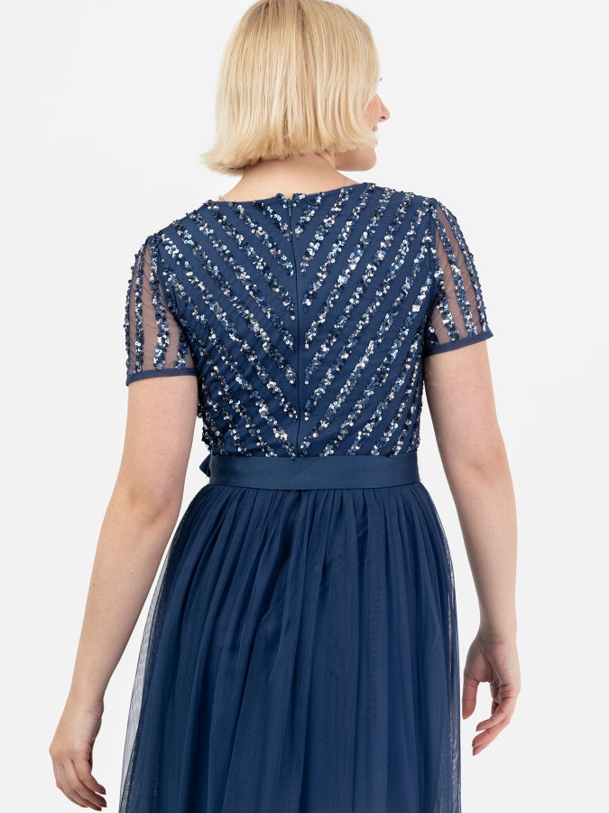 Maya French Navy Stripe Embellished Maxi Dress With Sash Belt