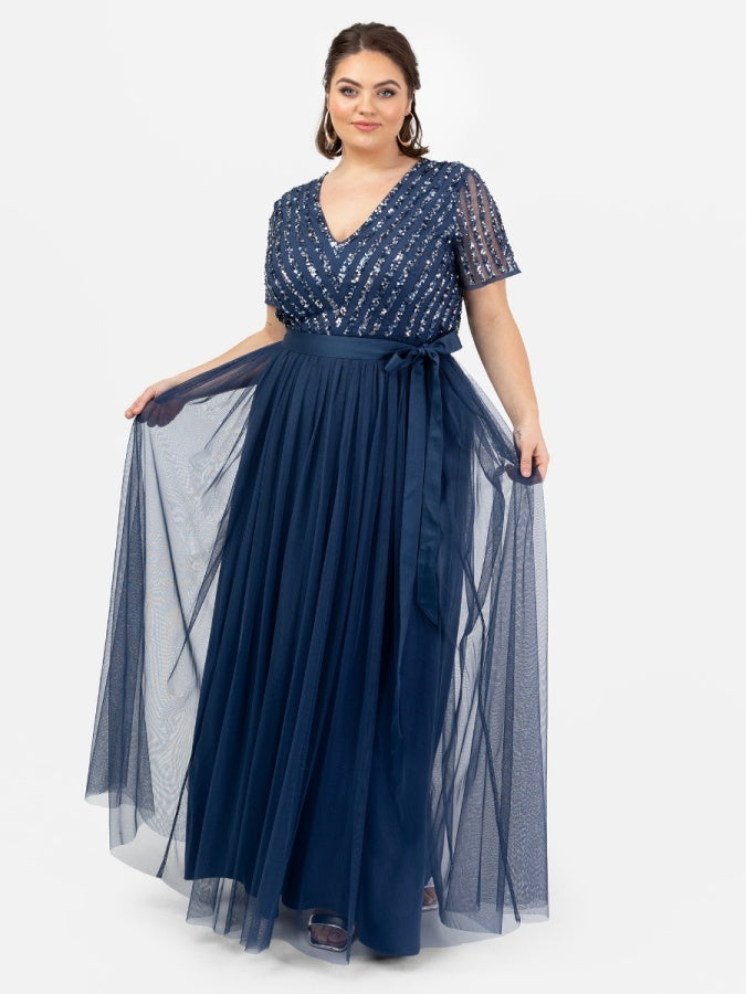 Maya French Navy Stripe Embellished Maxi Dress With Sash Belt