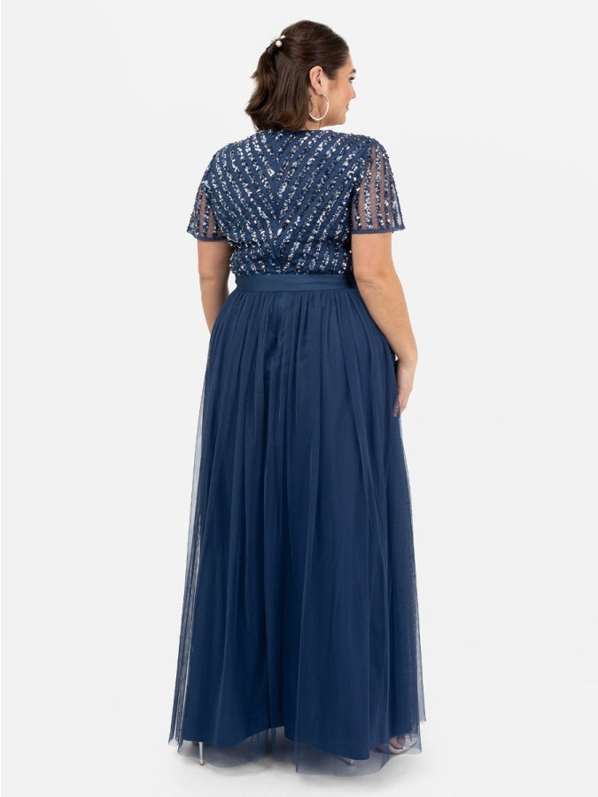 Maya French Navy Stripe Embellished Maxi Dress With Sash Belt
