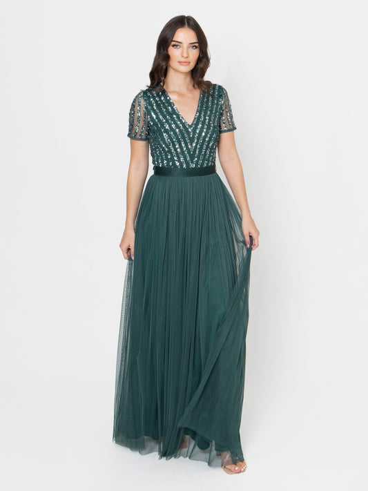 Maya Emerald Green Stripe Embellished Maxi Dress With Sash Belt