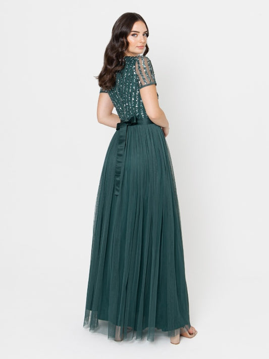 Maya Emerald Green Stripe Embellished Maxi Dress With Sash Belt