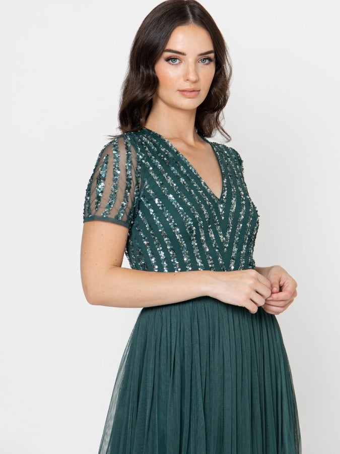 Maya Emerald Green Stripe Embellished Maxi Dress With Sash Belt