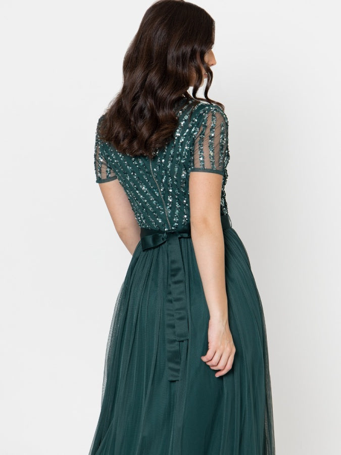 Maya Emerald Green Stripe Embellished Maxi Dress With Sash Belt