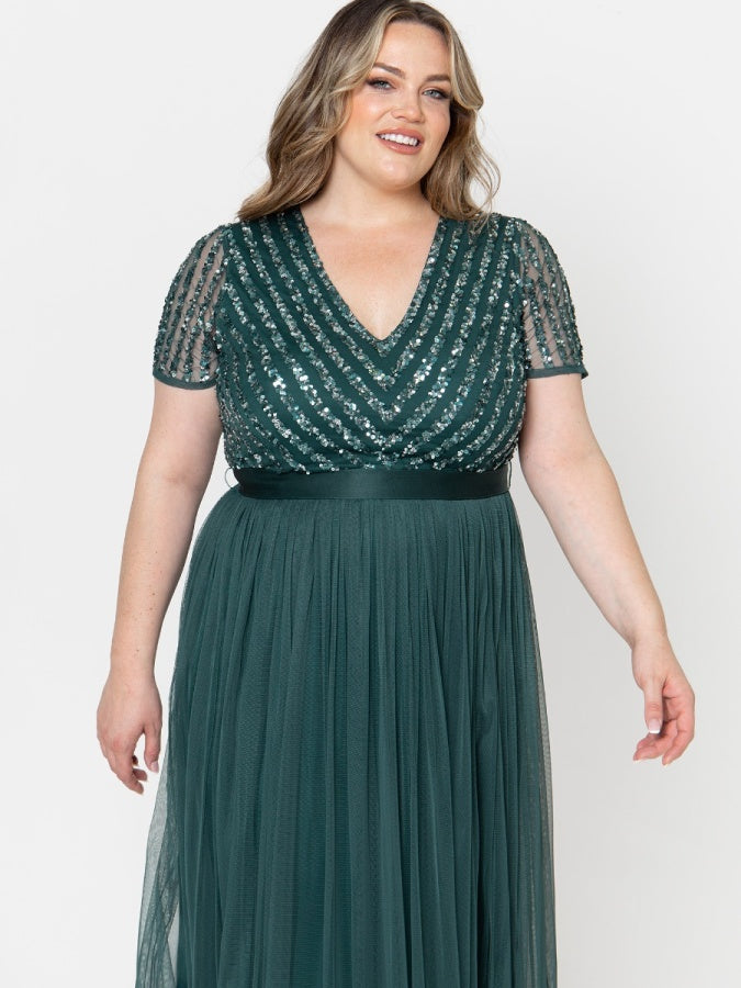 Maya Emerald Green Stripe Embellished Maxi Dress With Sash Belt