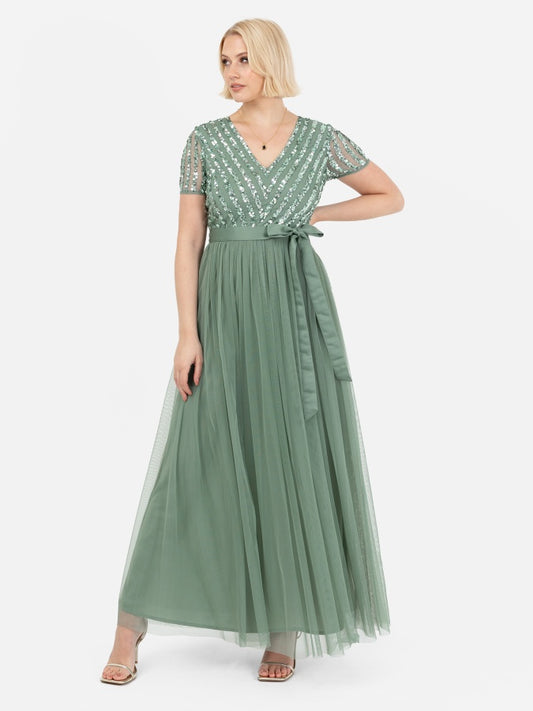 Maya Dark Sage Green Stripe Embellished Maxi Dress With Sash Belt