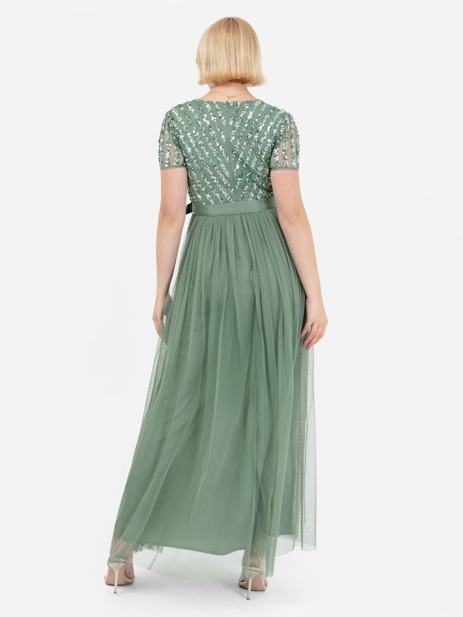 Maya Dark Sage Green Stripe Embellished Maxi Dress With Sash Belt