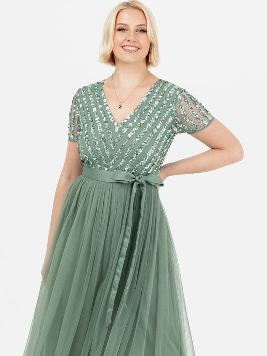 Maya Dark Sage Green Stripe Embellished Maxi Dress With Sash Belt