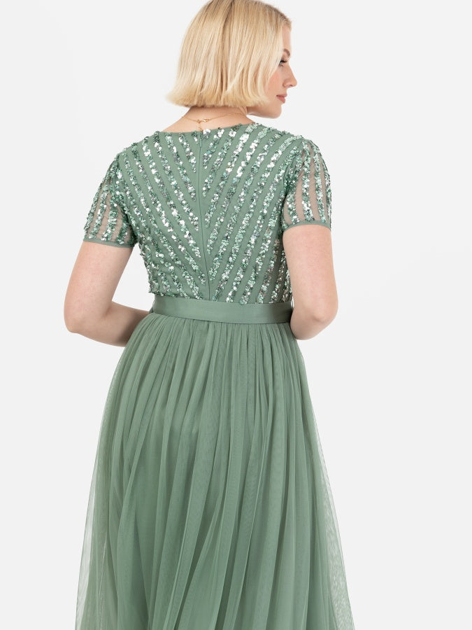 Maya Dark Sage Green Stripe Embellished Maxi Dress With Sash Belt