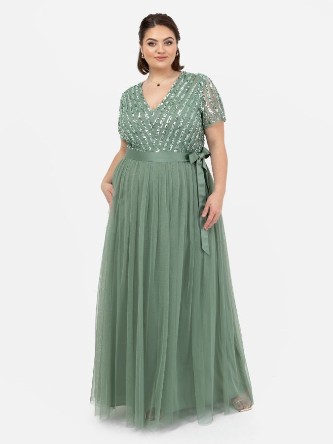 Maya Dark Sage Green Stripe Embellished Maxi Dress With Sash Belt