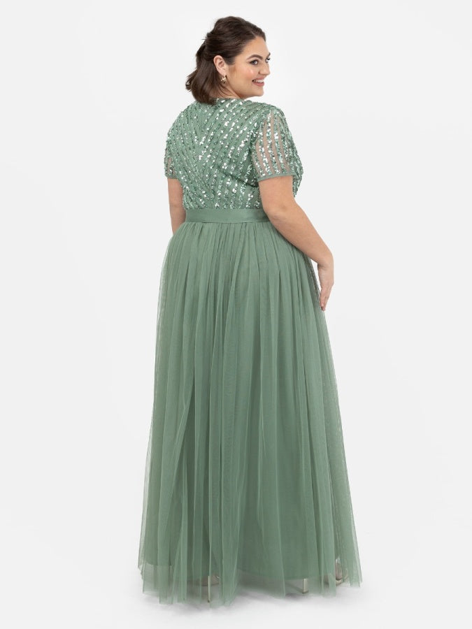 Maya Dark Sage Green Stripe Embellished Maxi Dress With Sash Belt