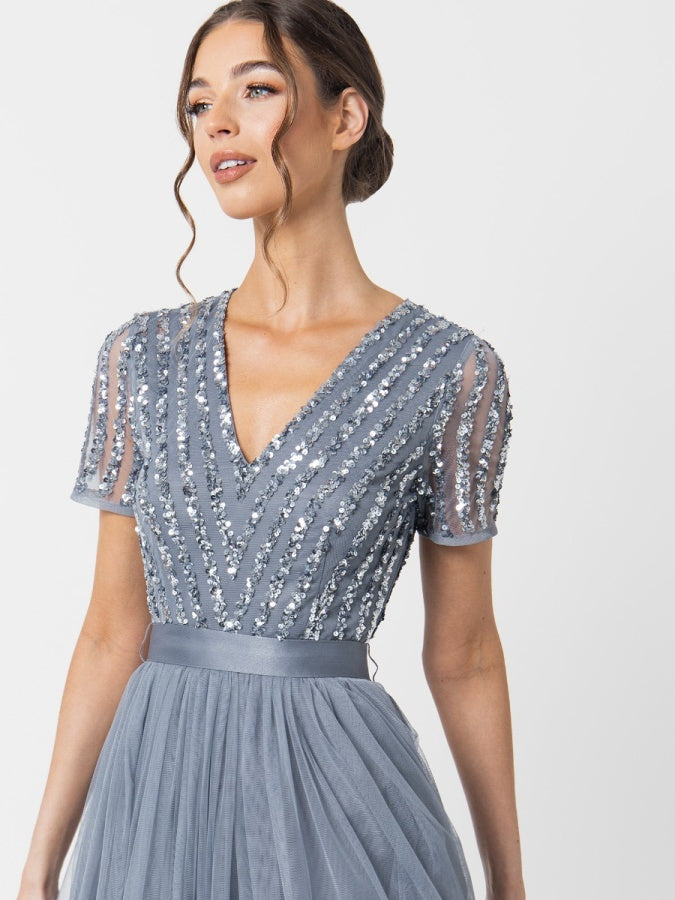 Maya Dusty Blue Stripe Embellished Maxi Dress With Sash Belt