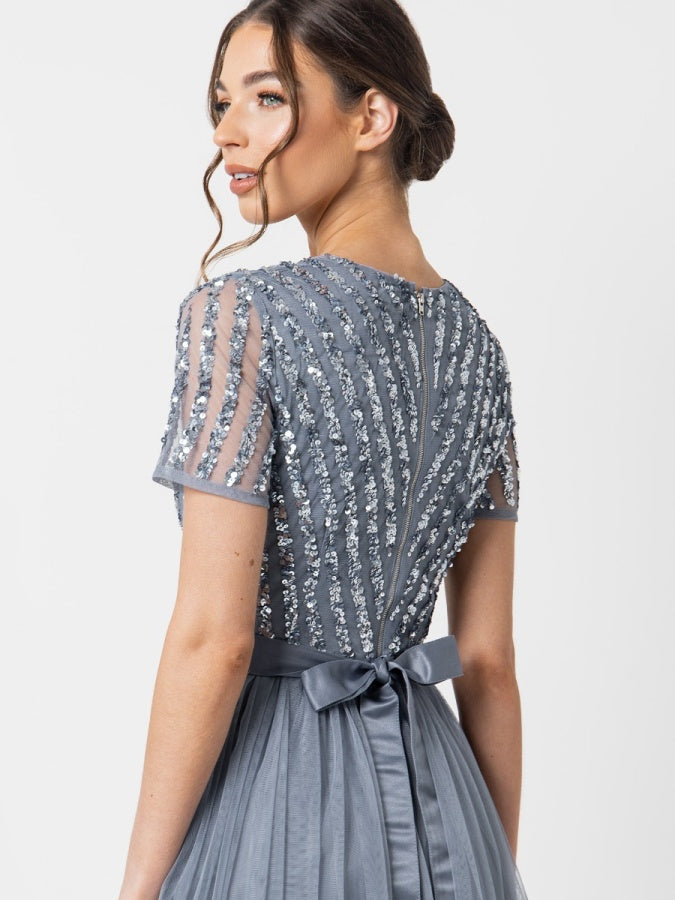 Maya Dusty Blue Stripe Embellished Maxi Dress With Sash Belt