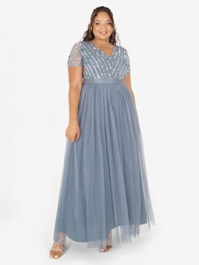 Maya Dusty Blue Stripe Embellished Maxi Dress With Sash Belt
