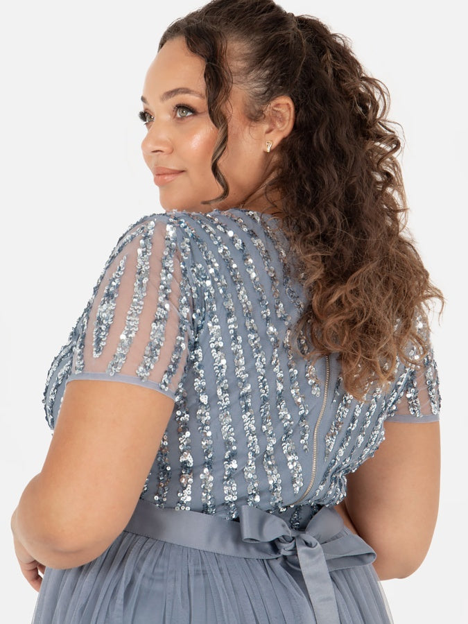 Maya Dusty Blue Stripe Embellished Maxi Dress With Sash Belt