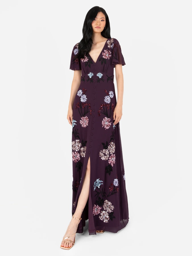 Maya Berry Embellished Flutter Sleeve Maxi Tea Dress