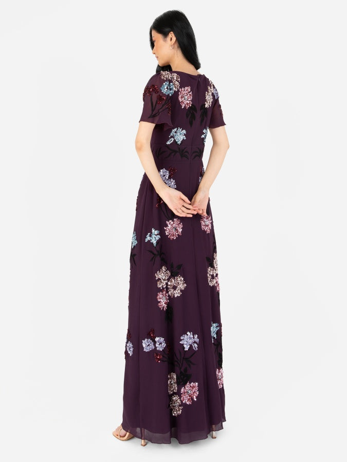 Maya Berry Embellished Flutter Sleeve Maxi Tea Dress