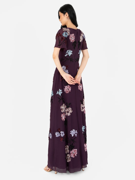 Maya Berry Embellished Flutter Sleeve Maxi Tea Dress