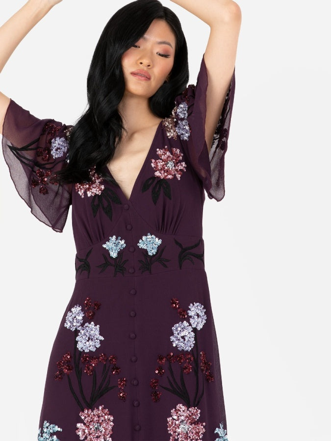 Maya Berry Embellished Flutter Sleeve Maxi Tea Dress