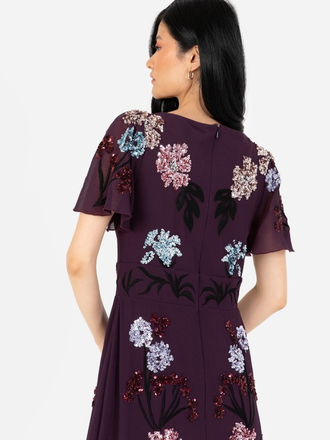 Maya Berry Embellished Flutter Sleeve Maxi Tea Dress